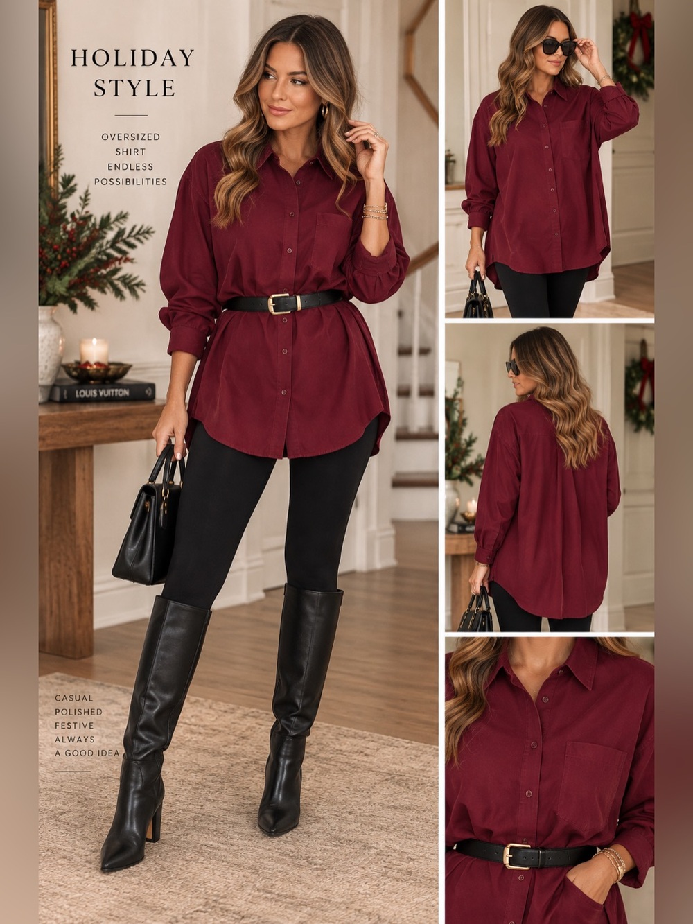 Classic Womens Button-Up Shirt in Burgundy-oversized